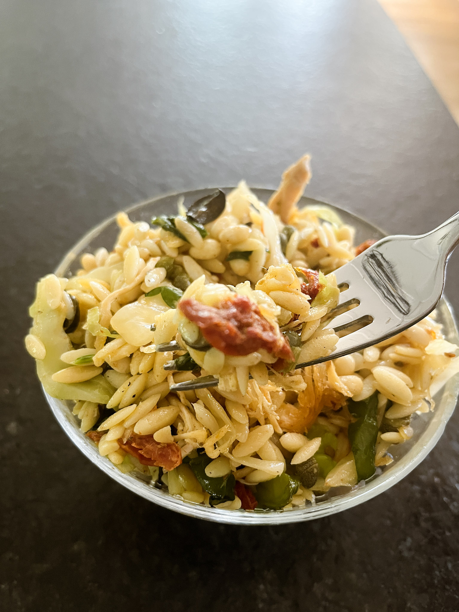 Chicken Pasta Salad with capers and sundried tomatoes